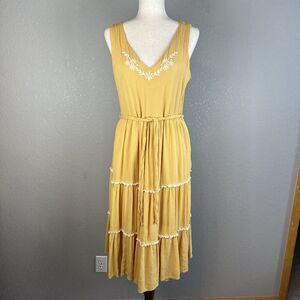 Joie Womens Boho Embroidered Tiered Midi Dress 8 Yellow Crinkle Gauze Belted